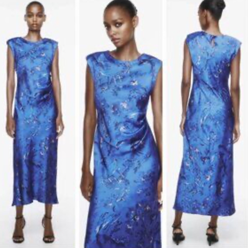 Zara Blue Floral Satin Maxi Dress